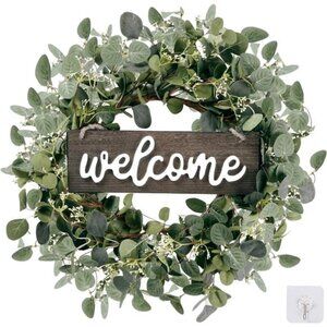 Green Eucalyptus Leaf Wreath with Welcome Sign 20in Artificial Eucalyptus Wreath